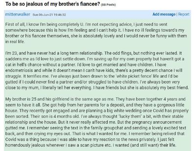 The woman has shared her 'irrational' feelings on Mumsnet.