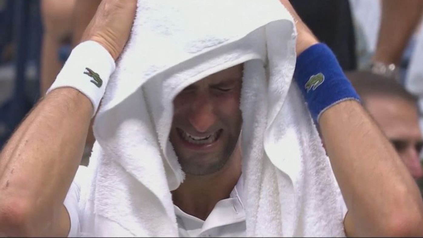 Novak Djokovic cries during the final change of ends in his US Open final loss to Daniil Medvedev.