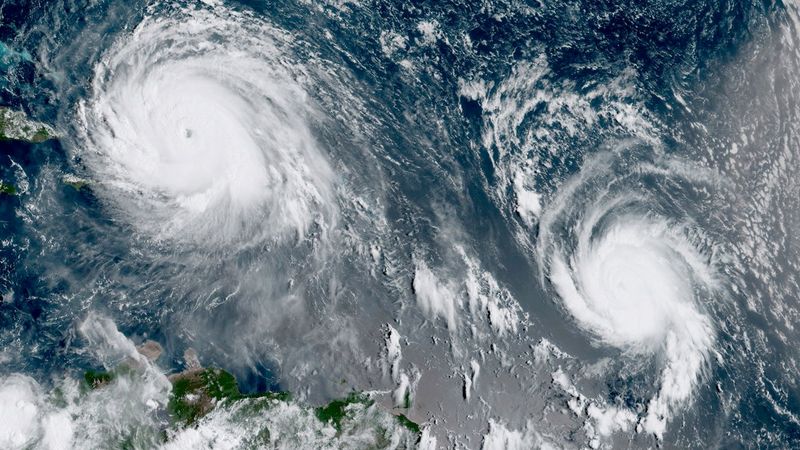 A satellite image shows Hurricane Irma being trailed by Hurricane Jose in the Atlantic Ocean. (The National Oceanic and Atmospheric Administration)
