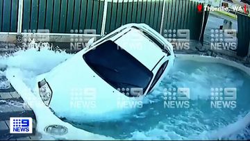CCTV has captured the moment a young woman ploughed her car through the fence of a Perth home and landed in the swimming pool. 