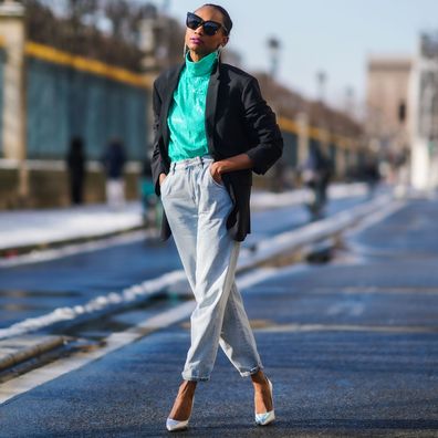 Stylish White Blouse and Mint Pastel Jeans Outfit