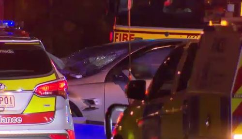 A silver Holden Commodore swerved into oncoming traffic before clipping a Hyundai and smashing head-on into another car. Picture: 9NEWS