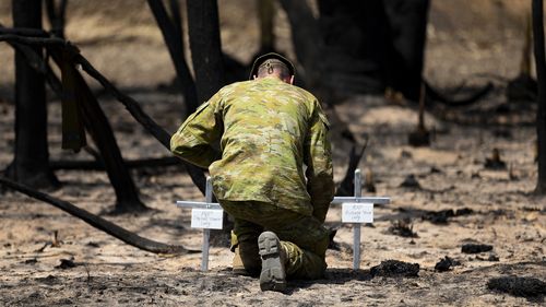 Lieutenant Kynan Lang from the 10th/27th Battalion reflecting at the scene where his uncle and cousin died during a bushfire on Kangaroo Island.