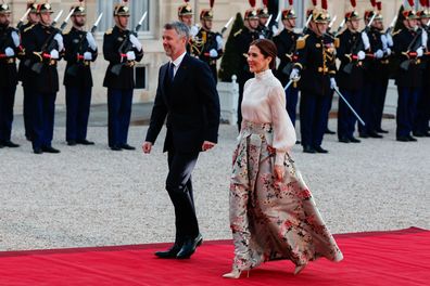 PARIS, FRANCE - MARCH 31:  King Frederik X of Denmark, and Queen Mary of Denmark arrive at the Elysee presidential palace as part of their state visit on March 31, 2025 in Paris, France. The theme of the visit is "Denmark - France: Partnering for a Resilient Europe for the Future" in four areas: renewable energy, healthcare, defense and culture. (Photo by Pierre Suu/Getty Images)