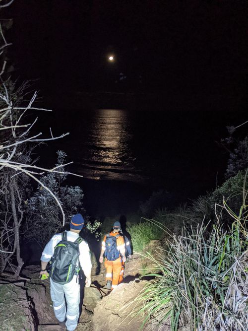 NSW State Emergency Service members search bushland for two nude sunbathers, who got lost earlier in the day.