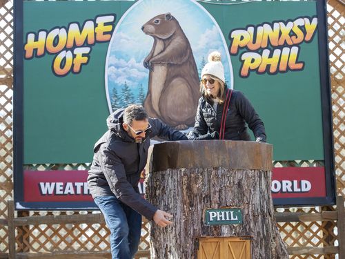Tony and Anne Disorbo, of Ct., check out Gobblers Knob the day before Groundhog Day in Punxsutawney, PA, Feb 1, 2022. 