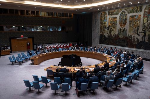 A general view shows a Security Council meeting at the United Nations headquarters.