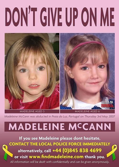 A poster released three years after Madeleine disappeared in 2007, with a picture of what Maddie may have looked like in 2010.