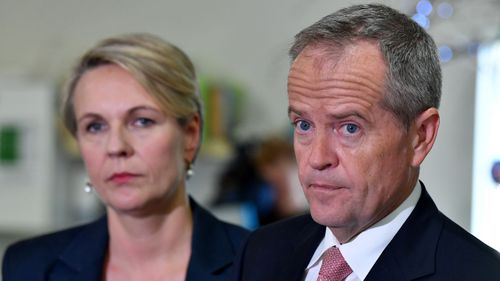 Deputy Opposition Leader Tanya Plibersek (left) and Australian Opposition Leader Bill Shorten (right) are seen during a media conference at the Goodstart Early Learning Nollamara centre in Perth.