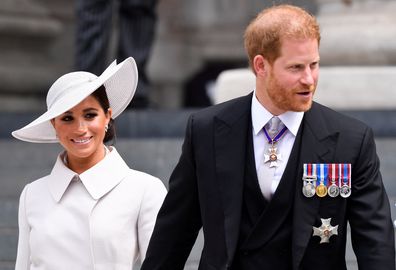 LONDON, ENGLAND - JUNE 03:   Prince Harry, Duke of Sussex, and Meghan, Duchess of Sussex after attending the National Service of Thanksgiving at St Paul's Cathedral during the Queen's Platinum Jubilee celebrations on June 3, 2022 in London, England. The Platinum Jubilee of Elizabeth II is being celebrated from June 2 to June 5, 2022, in the UK and Commonwealth to mark the 70th anniversary of the accession of Queen Elizabeth II on 6 February 1952. (Photo by Toby Melville - WPA Pool/Getty Images)