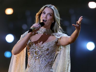 Delta Goodrem in the second semi-final of the 70th Eurovision Song Contest (ESC) in the Wiener Stadthalle. 