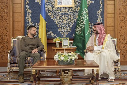 Saudi Crown Prince Mohammed bin Salman meets with Ukraine's President Volodymyr Zelenskyy, during the Arab summit in Jeddah, Saudi Arabia, Friday, May 19, 2023 