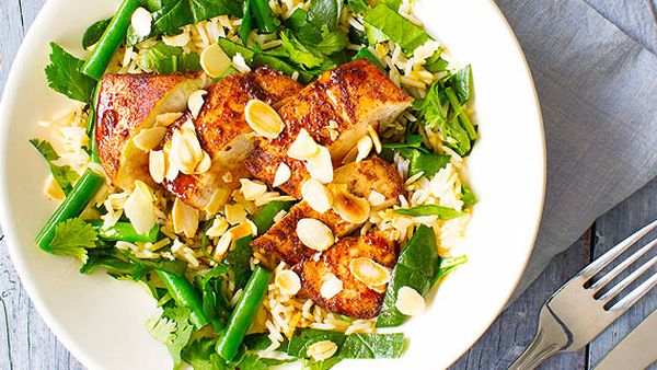 Chinese chicken with green rice and sesame sweet soy dressing
