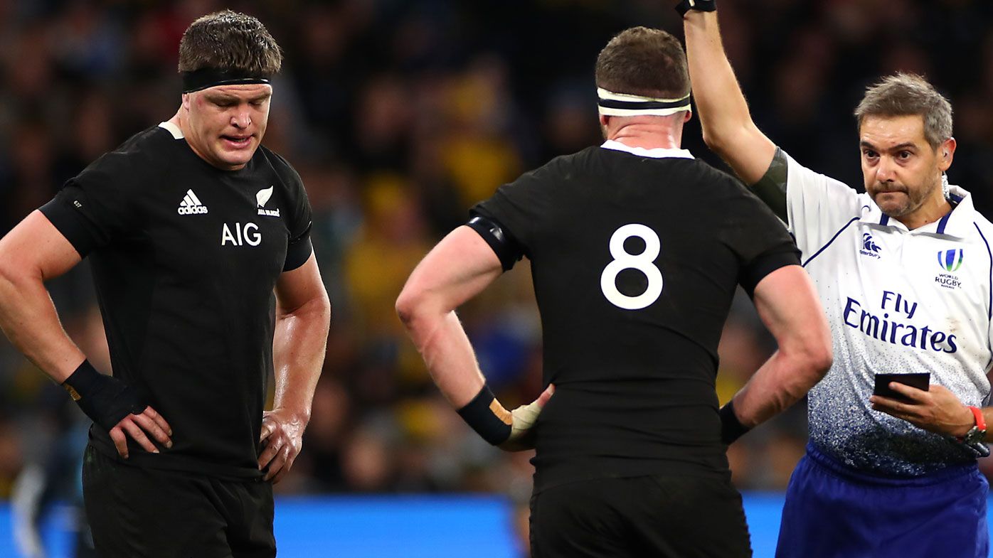  Scott Barrett of New Zealand is shown the red card during the 2019 Rugby Championship Test Match between the Australian Wallabies and the New Zealand All Blacks