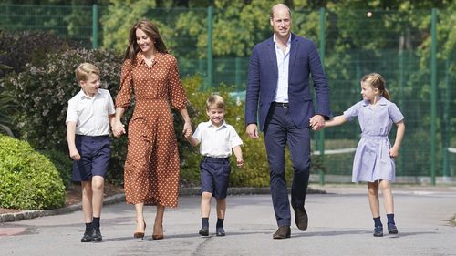 From left, Britain's Prince George, Kate Duchess of Cambridge, Prince Louis, Prince William and Princess Charlotte, arrive for a settling in afternoon at Lambrook School, near Ascot, England, Wednesday, Sept. 7, 2022. The settling in afternoon is an annual event held to welcome new starters and their families to Lambrook and takes place the day before the start of the new school term. (Jonathan Brady/Pool Photo via AP)