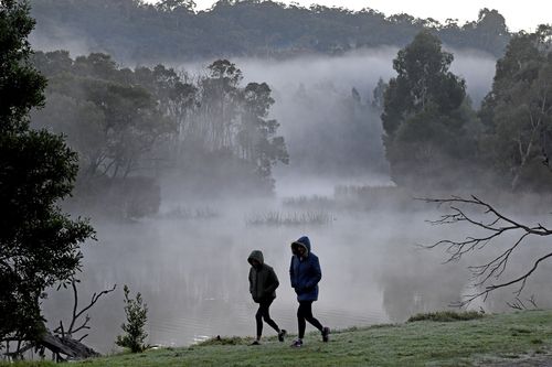 Two early walkers brave the cold weather at Birdsland reserve in Belgrave South, east of Melbourne this morning. 