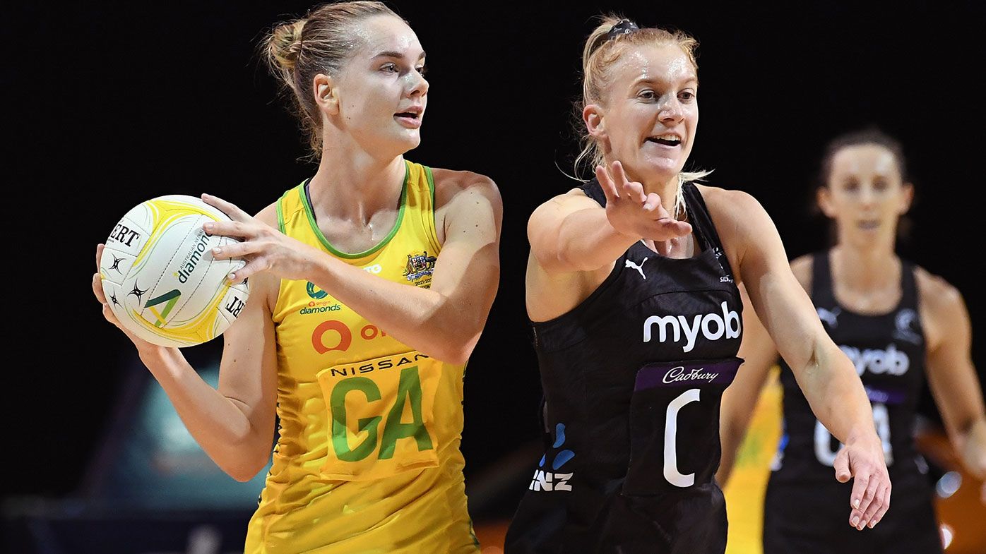 Kiera Austin of Australia looks to pass the ball during the Constellation Cup International Test Match between the New Zealand Silver Ferns and the Australia Diamonds at Christchurch Arena on March 03, 2021 in Christchurch, New Zealand. (Photo by Kai Schwoerer/Getty Images)