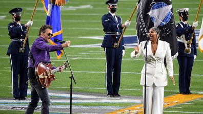 Eric Church and Jazmine Sullivan perform during the Super Bowl LV Pregame at Raymond James Stadium on February 07, 2021 in Tampa, Florida. (Photo by Kevin Mazur/Getty Images for TW)