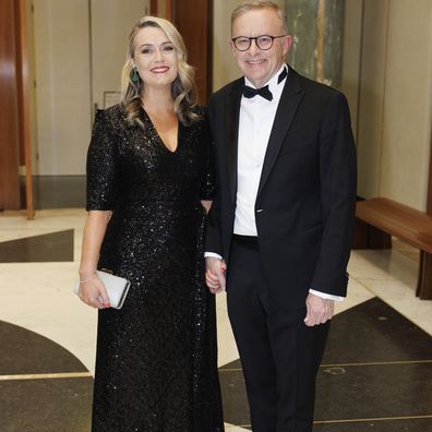 Jodie Haydon and Prime Minister Anthony Albanese during arrivals at the Midwinter Ball, at Parliament House in Canberra on Wednesday 7 September 2022. fedpol Photo: Alex Ellinghausen
