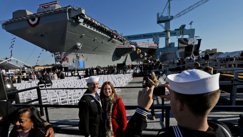 A file photo from 2013 of the naming of the USS Gerald Ford - one of the world's most advanced aircraft carriers.