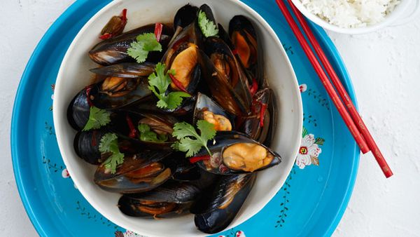Stir-fried mussels and rice for $10