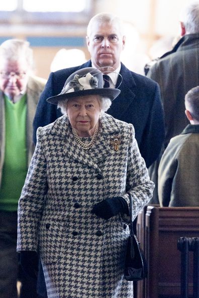 The Queen and Prince Andrew arrive for church at St Mary the Virgin at Hillington in Sandringham on January 19, 2020.