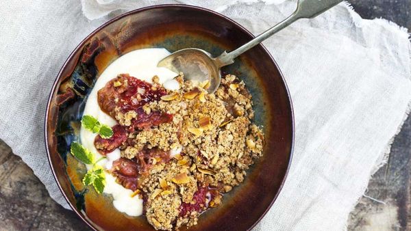 Apple, rhubarb and coconut crumble. Image: McKenzie's