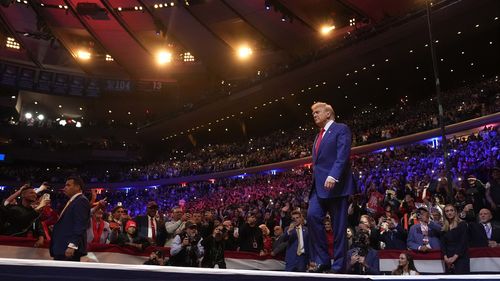 Republican presidential nominee former President Donald Trump arrives at a campaign rally at Madison Square Garden, Sunday, Oct. 27, 2024, in New York. (AP Photo/Alex Brandon)