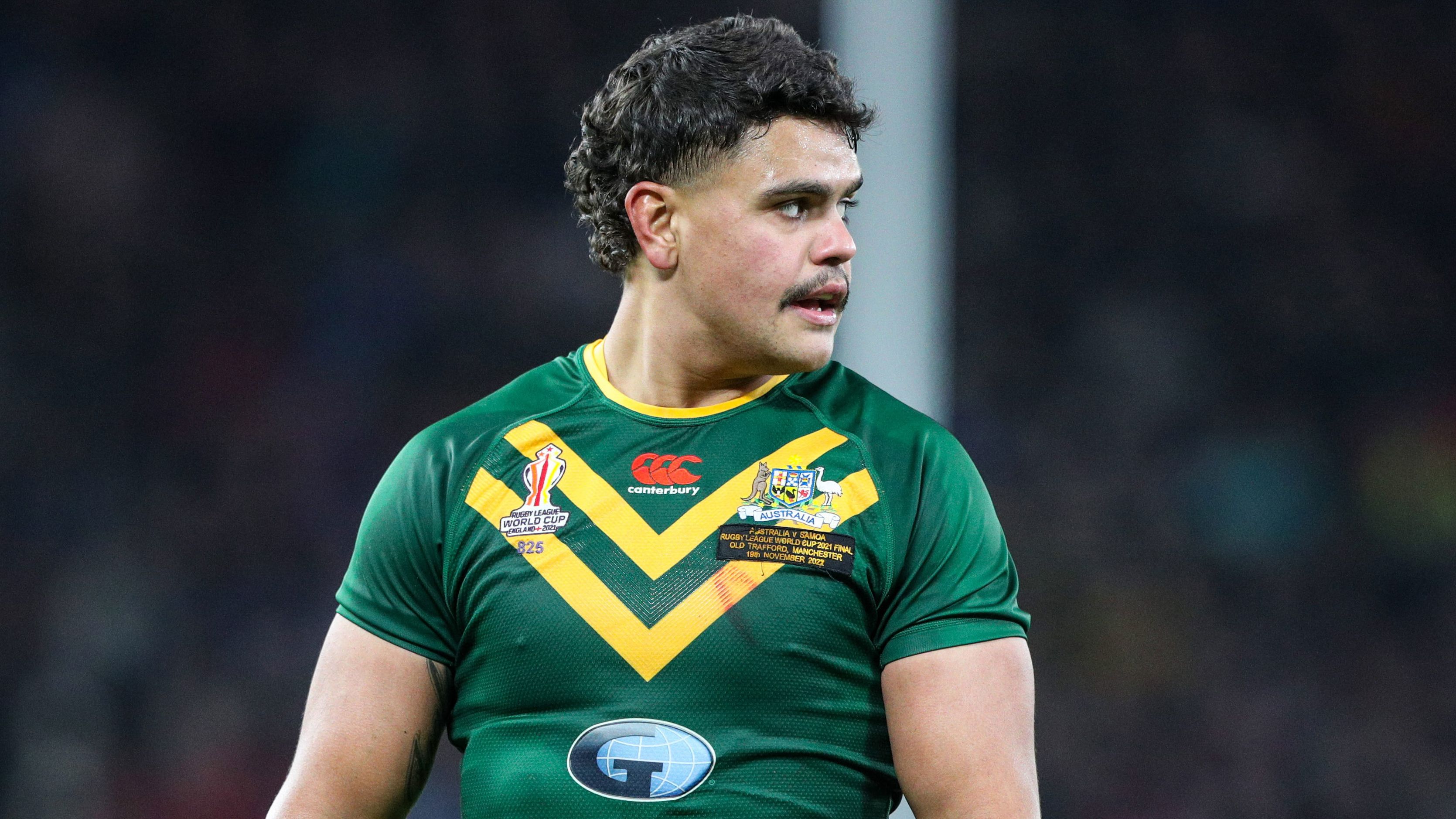 Latrell Mitchell in action during the Rugby League World Cup Final match between Australia and Samoa at Old Trafford. 