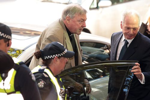 Pell arrives to court in a car, instead of the usual walk from his lawyers office. (9NEWS)