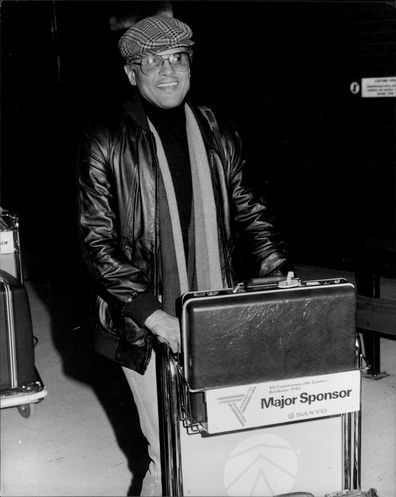 Harry Belafonte on arrival at Moscot today he is here for a  tour. June 15, 1981. 
