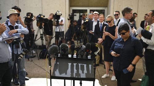 Reporters await Bill Shorten at a press conference in Adelaide.