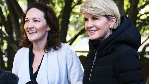 Foreign Minister Julie Bishop and Mayo candidate Georgina Downer speak to media. Picture: AAP