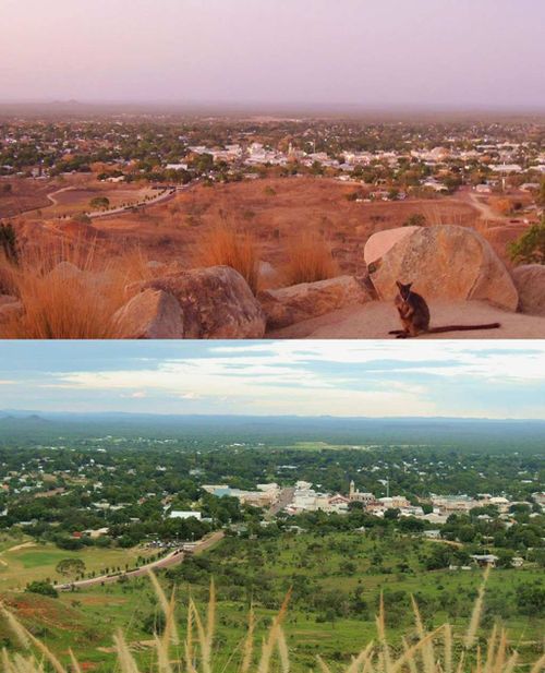 A before and after comparison of Charters Towers reveals the dramatic transformation triggered by recent rains. (Facebook/Craig Collins‎)