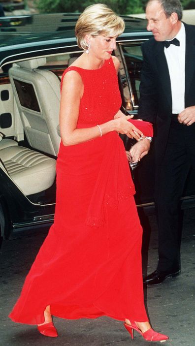 WASHINGTON - JUNE 17:   Diana, Princess of Wales wears a red Jacques Azagury dress as she attends a fund raising dinner for the American Red Cross on June 17, 1997 in Washington, USA. (Photo by Anwar Hussein/Getty Images) *** Local Caption *** Diana, Princess of Wales
