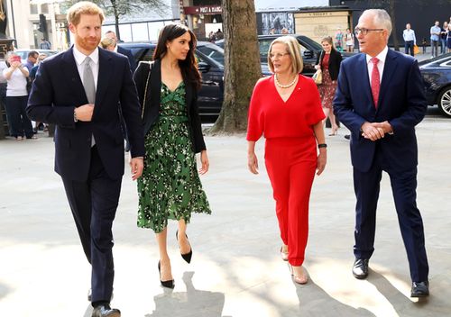 Prince Harry and Meghan Markle arrive to attend a reception hosted by then Australian Prime Minister Malcolm Turnbull and his wife Lucy at the Australian High Commission in London. (AAP)