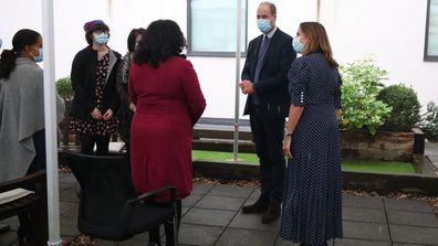 Prince William, Duke of Cambridge speaks to staff and patients to mark the construction of the groundbreaking Oak cancer centre at Royal Marsden Hospital on October 21, 2020 in Sutton, Greater London