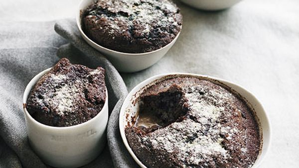 Choc-malt self-saucing pudding with malt ice-cream