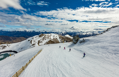 New Zealand mountain panorama and ski slopes as seen from Coronet Peak ski resort, Queenstown