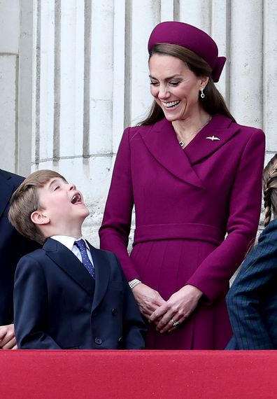 Catherine, Princess of Wales, Prince Louis of Wales watch the fly-past on the balcony of Buckingham Palace whilst watching a fly-past during the military procession to mark the 80th anniversary of VE Day on May 05, 2025 in London, England. 