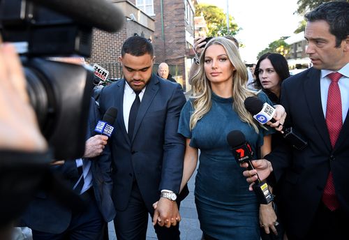 Manly Sea Eagles NRL player Dylan Walker and partner Alexandra Ivkovic leave Manly Court in Sydney, after he was acquitted of assault charges.