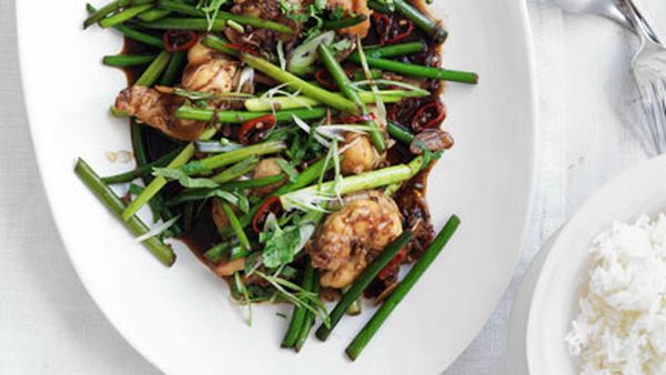 Stir-fried lobster with Sichuan pepper and garlic stems