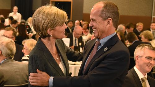 Julie Bishop and Peter Greste greet each other in Sydney in 2015 following the journalist's release.