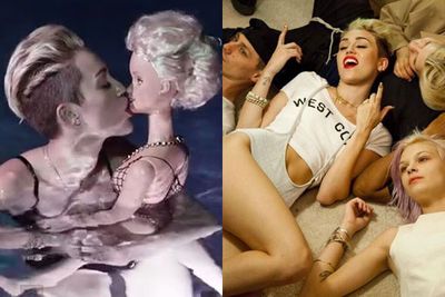 June 3: Make-out sessions with dolls? Smoke-shotting from a guy's crotch? Twerking on anything and everything in sight? In Miley's 'We Can't Stop' video clip, the 20-year-old says bu-bye to her former self and hello to her newly-minted bad girl status. <br/><br/>And ends up resting her head on a lanky guy's chest after all the girl-on-girl action. But what did Liam think?