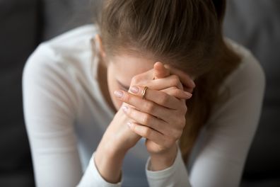 Sad depressed woman feeling bad down hopeless crying alone, upset teen female victim in trouble being heartbroken offended abused, having problem addiction, girl in despair concept, close up view