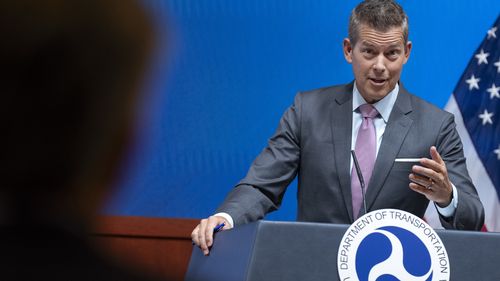 FILE - Transportation Secretary Sean Duffy speaks during a news conference, March 11, 2025, at the Department of Transportation in Washington. (AP Photo/Jacquelyn Martin, file)