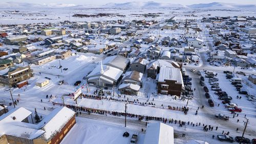 FILE - The city of Nome, Alaska, awaits the first Iditarod Trail Sled Dog Race musher Tuesday, March 14, 2023. Ryan Redington won the race. (Loren Holmes/Anchorage Daily News via AP, File)