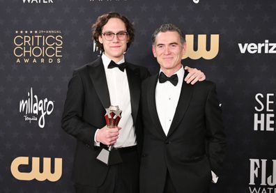 William Atticus Parker and Billy Crudup, winner of the Best Supporting Actor in a Drama Series award for "The Morning Show," pose in the press room at The 29th Critics' Choice Awards held at The Barker Hangar on January 14, 2024 in Santa Monica, California.  