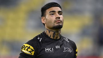 TOWNSVILLE, AUSTRALIA - APRIL 27: Taylan May of the Panthers looks on before the start of the round eight NRL match between North Queensland Cowboys and Penrith Panthers at Qld Country Bank Stadium, on April 27, 2024, in Townsville, Australia. (Photo by Ian Hitchcock/Getty Images)