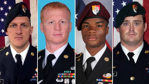 From left, Staff Sargent Bryan C. Black, 35, Staff Sargent Jeremiah W. Johnson, 39, Sargent La David Johnson, 25 and Staff Sargent Dustin M. Wright, 29, were killed in an ambush in Niger. (AP)